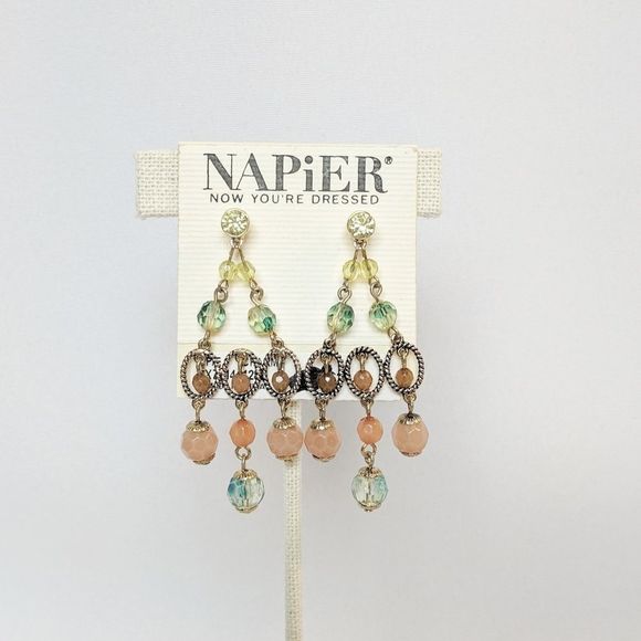 Napier Gold Peach Green Chandelier Earrings - Picture 3 of 7